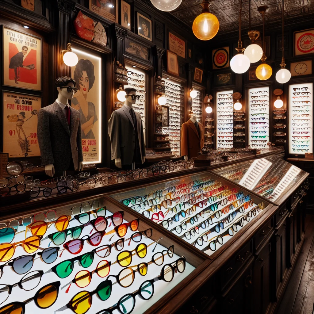 Tienda vintage con gafas en exhibición y diseño único