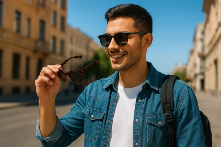 persona seleccionando gafas de sol modernas con estilo