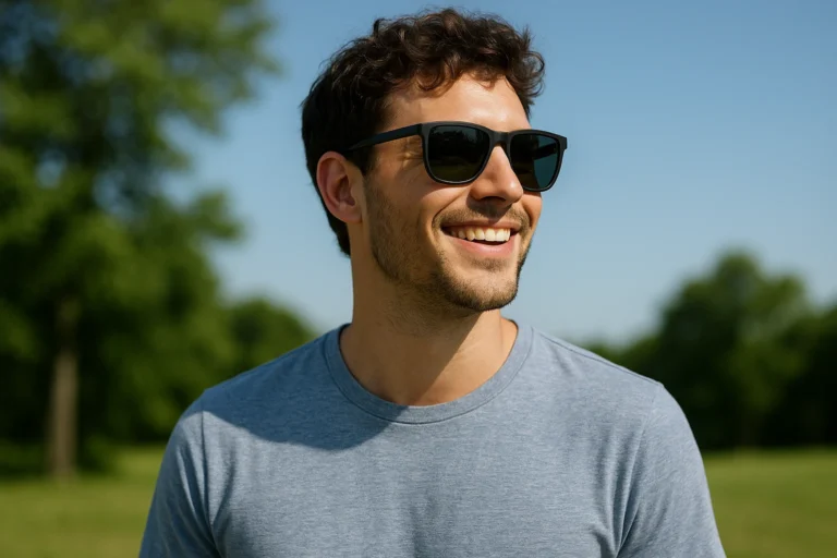 persona usando gafas de sol modernas en exterior durante el día