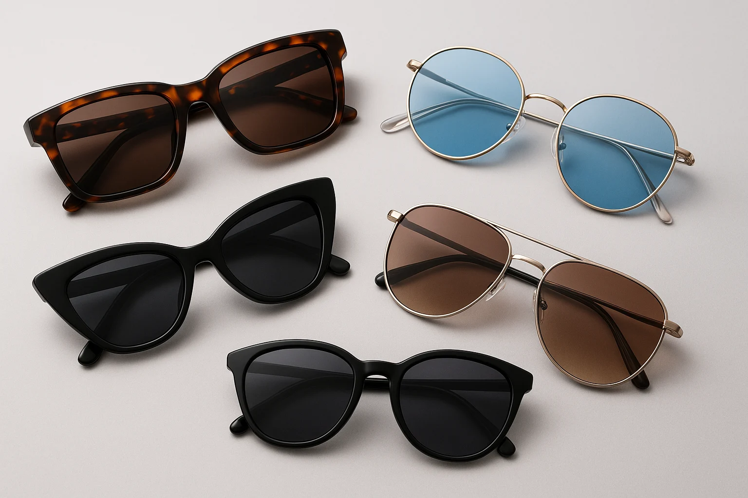Gafas de sol modernas en diferentes estilos y colores